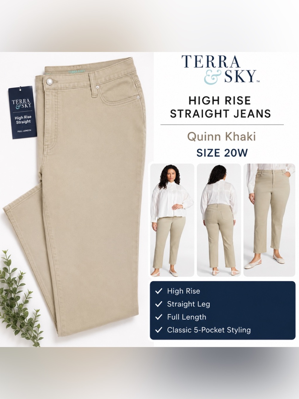 NWT Size 20W Plus Terra & Sky Quinn High-Rise Straight Jeans - Khaki